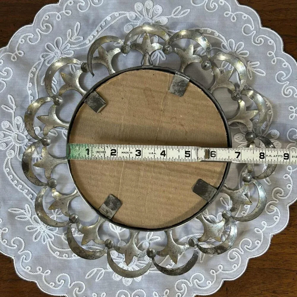 Vintage Mexican tin framed round wall mirror